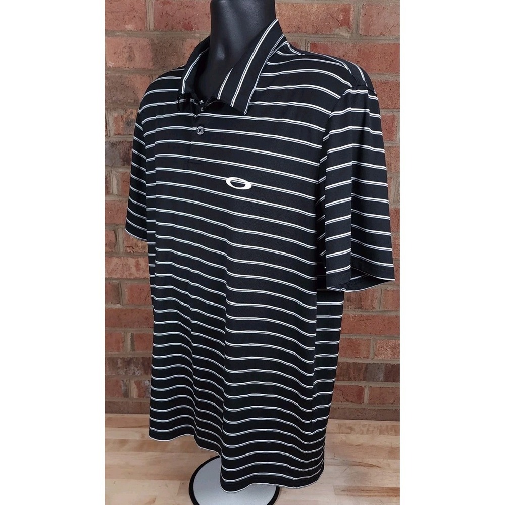 Oakley Polo Golf Shirt Size Large Regular Fit Short Sleeve Black Stripe - Picture 2 of 6